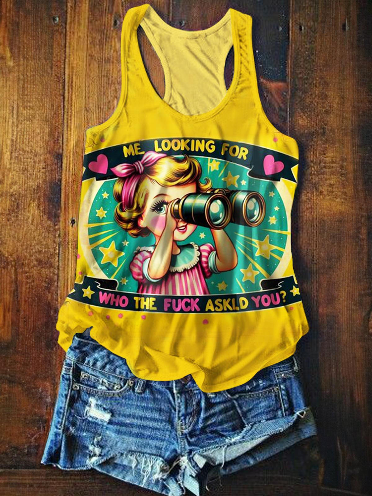 Funny Vintage Print Crew Neck Tank Top