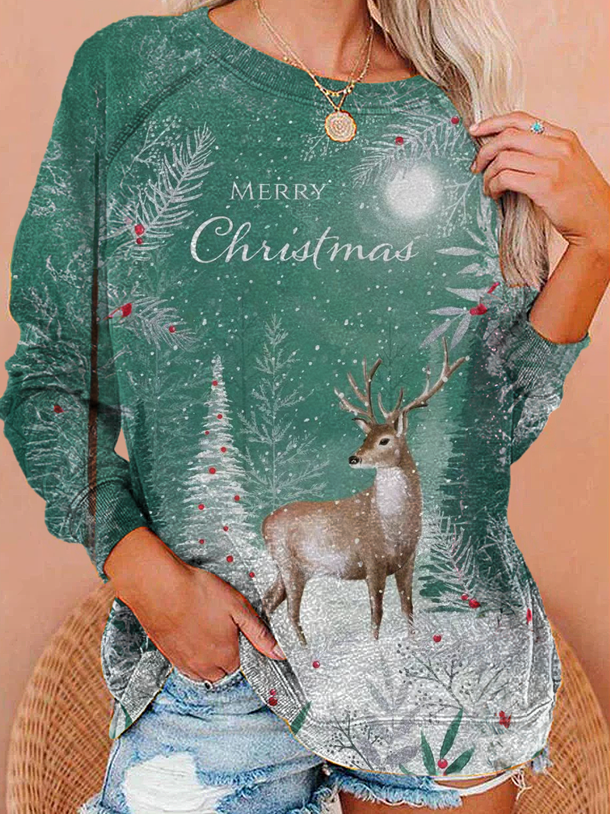 Elk Forest And Snow Long Sleeve Casual Top