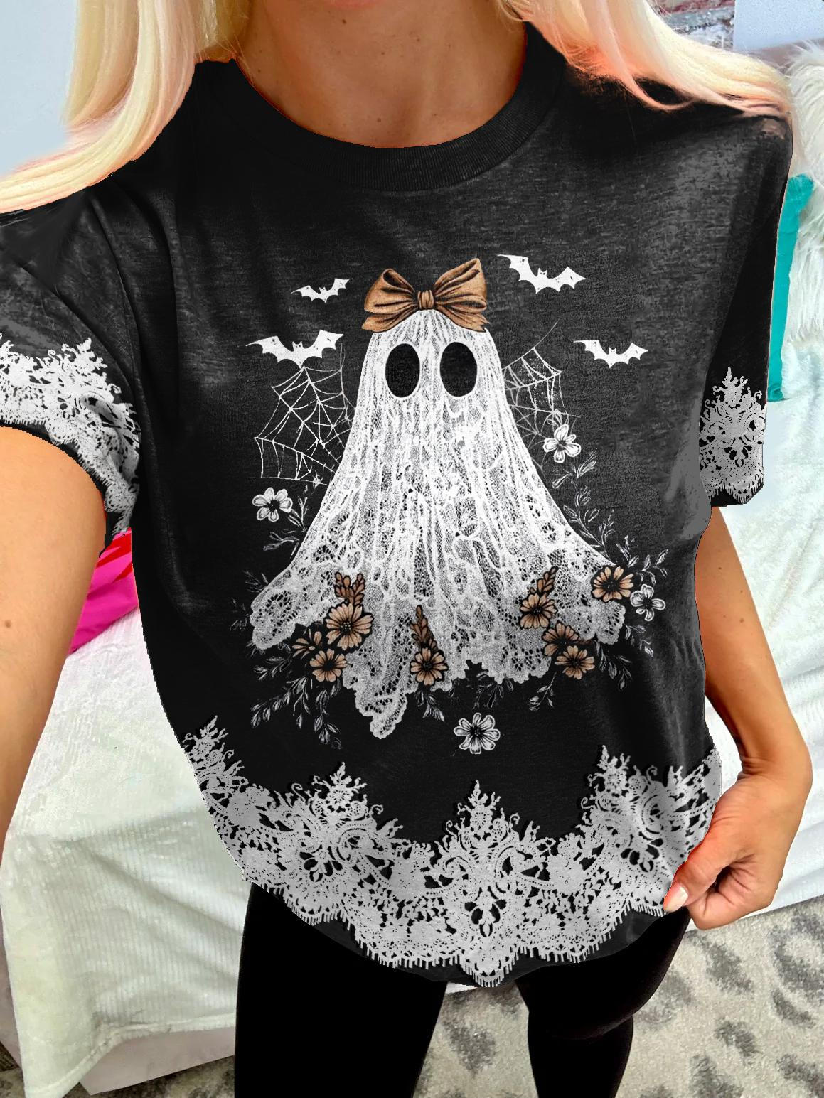 Women's Halloween Cute Ghost Imitation Lace Print Crew Neck T-shirt