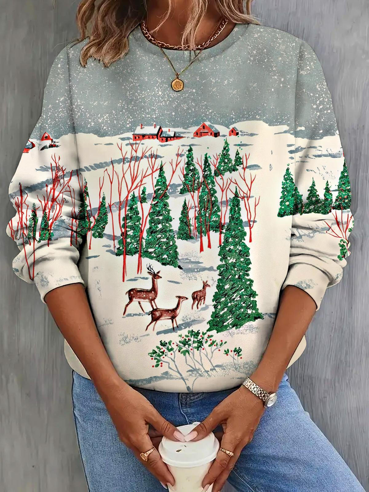 Women's Christmas Snow Mountain Print Long Sleeve Top