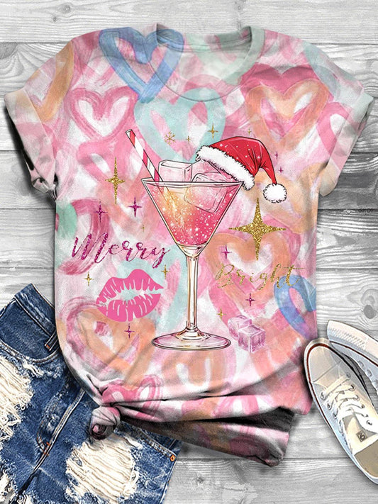 Cocktail Glass With Santa Hat Crew Neck T-shirt