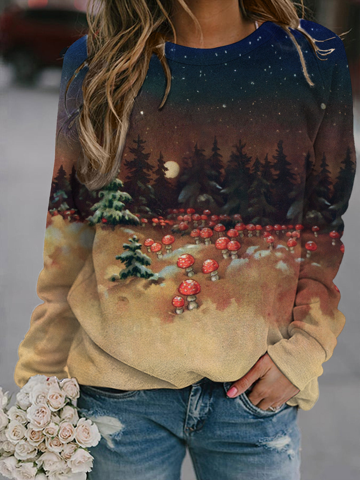 Women's Christmas Forest Night Sky Print Long Sleeve Top