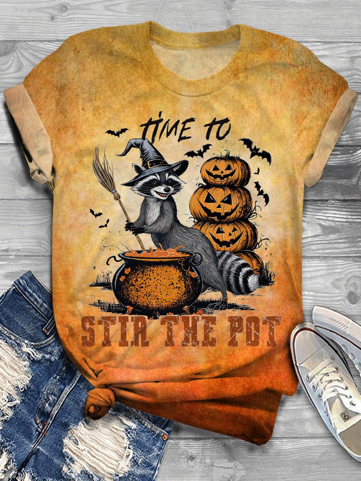 The Funny Raccoon Witch Halloween Crew Neck T-shirt