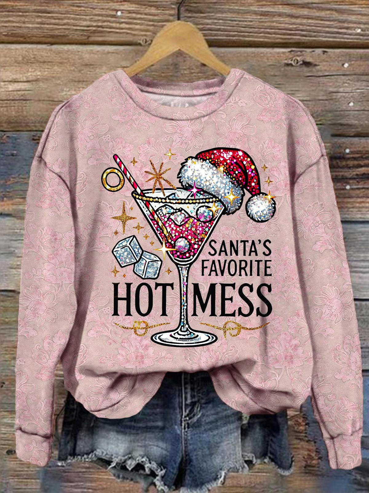 Women's Santa's Favorite Hot Mess Printed Casual Crew Neck T-Shirt