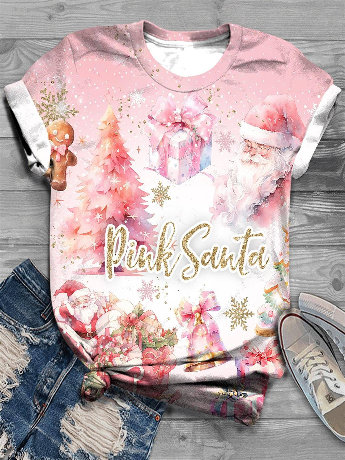 Pink Christmas Print Crew Neck T-Shirt