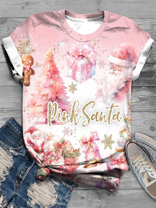 Pink Christmas Print Crew Neck T-Shirt