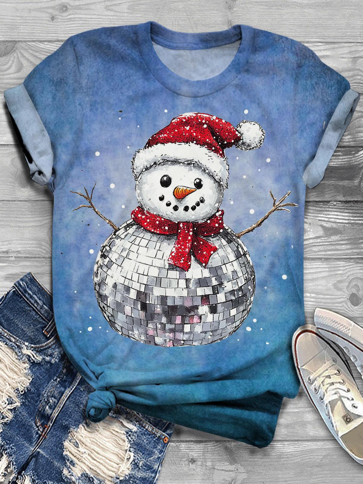 Women's Christmas Happy Snowman Print Casual T-shirt