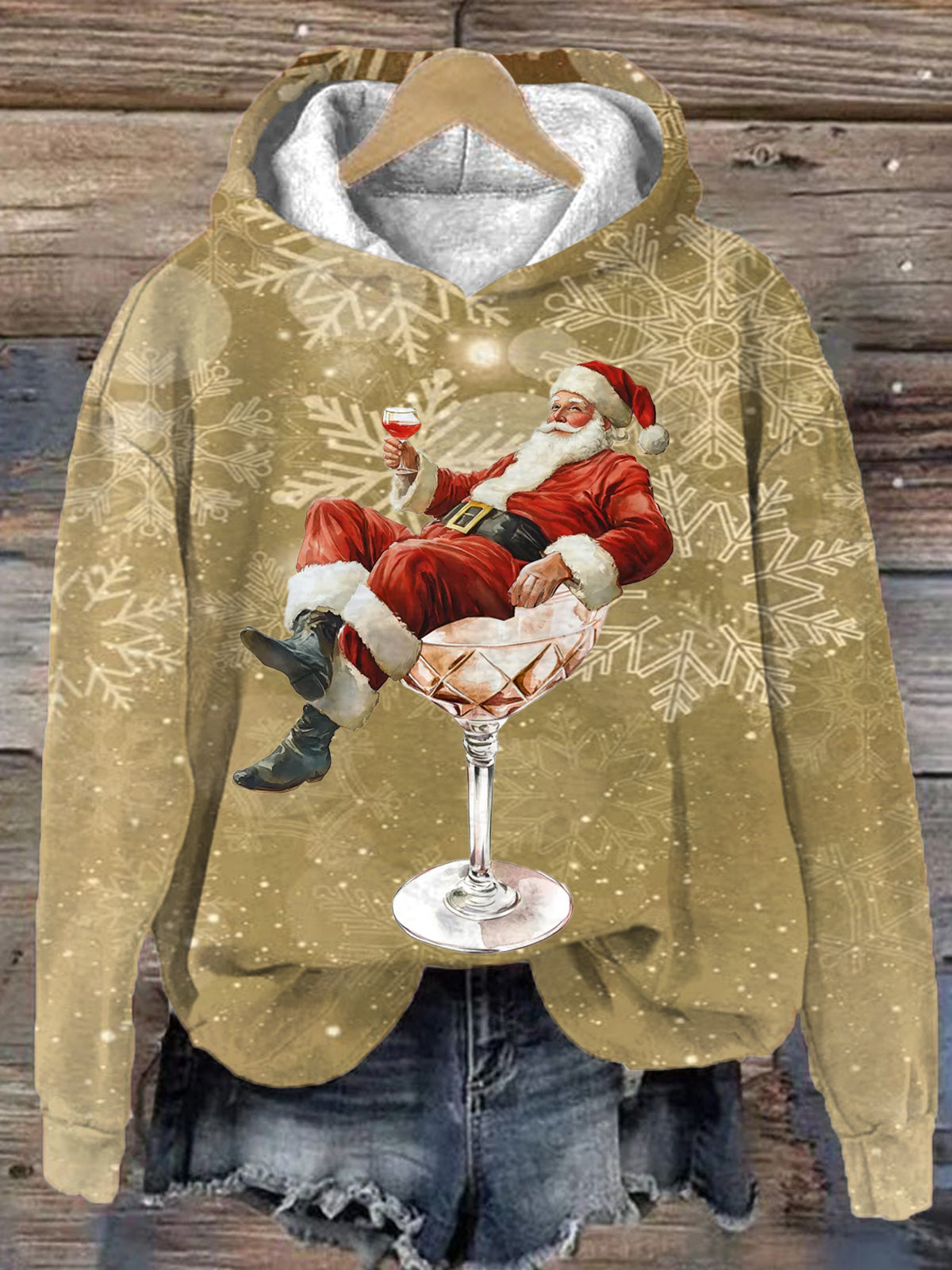 Santa Claus On A Red Wine Glass Long Sleeve Printed Hoodie