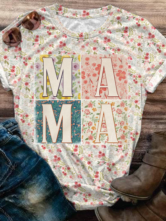 Mother'S Day Vintage Floral MAMA Print Crew Neck T-shirt