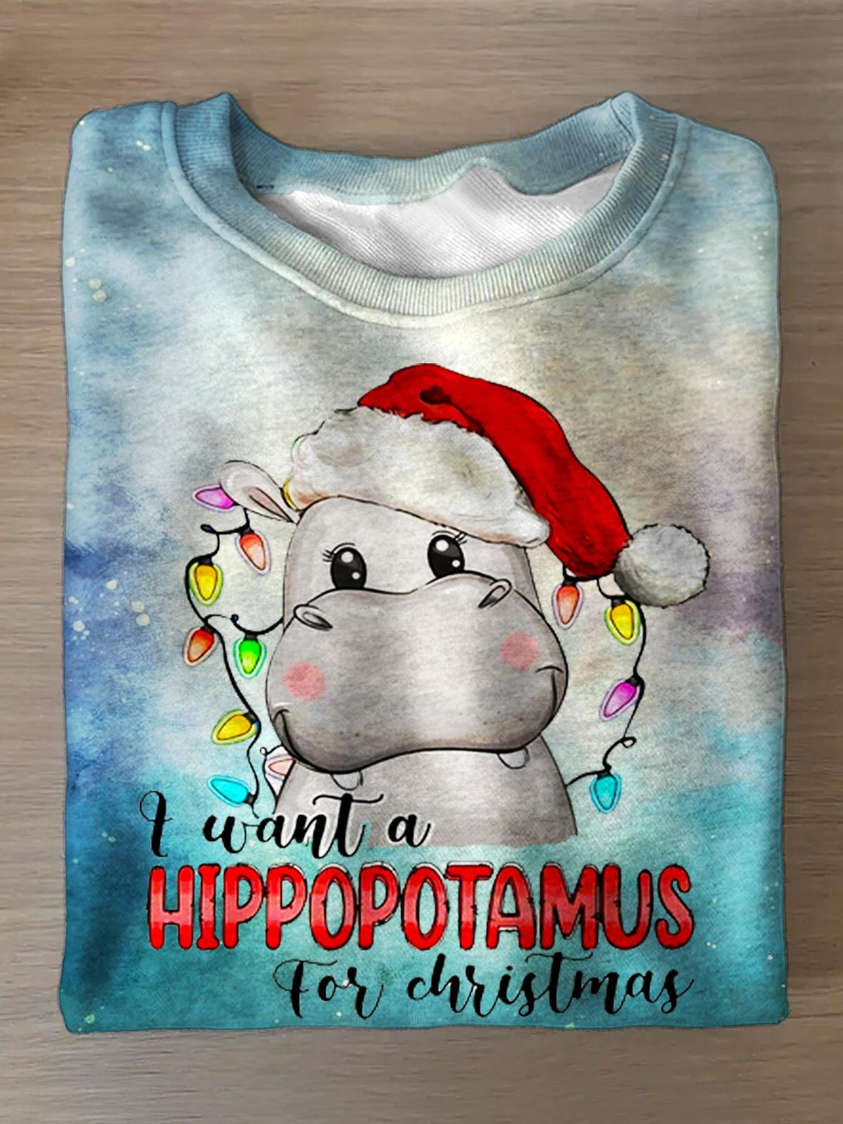 Women's Hippo Christmas Printed Long Sleeve Casual Top