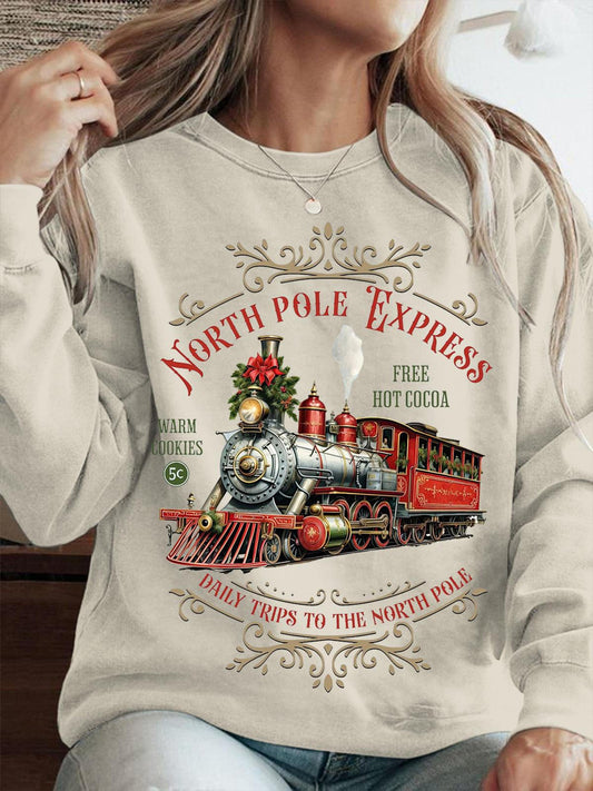 Women's North Pole Express Retro Christmas Crew Neck Casual Sweatshirt