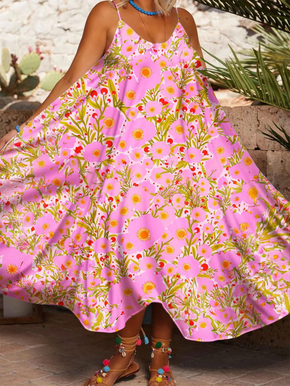 Women's Pink Romantic Floral Print Casual Spaghetti Strap Dress