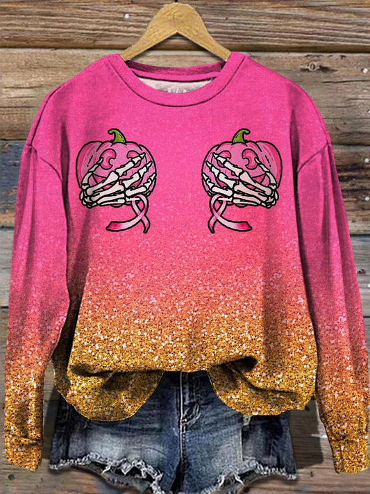 Women's Breast Cancer Awareness Pink Ribbon Halloween Pumpkin Round Neck Long Sleeve Top