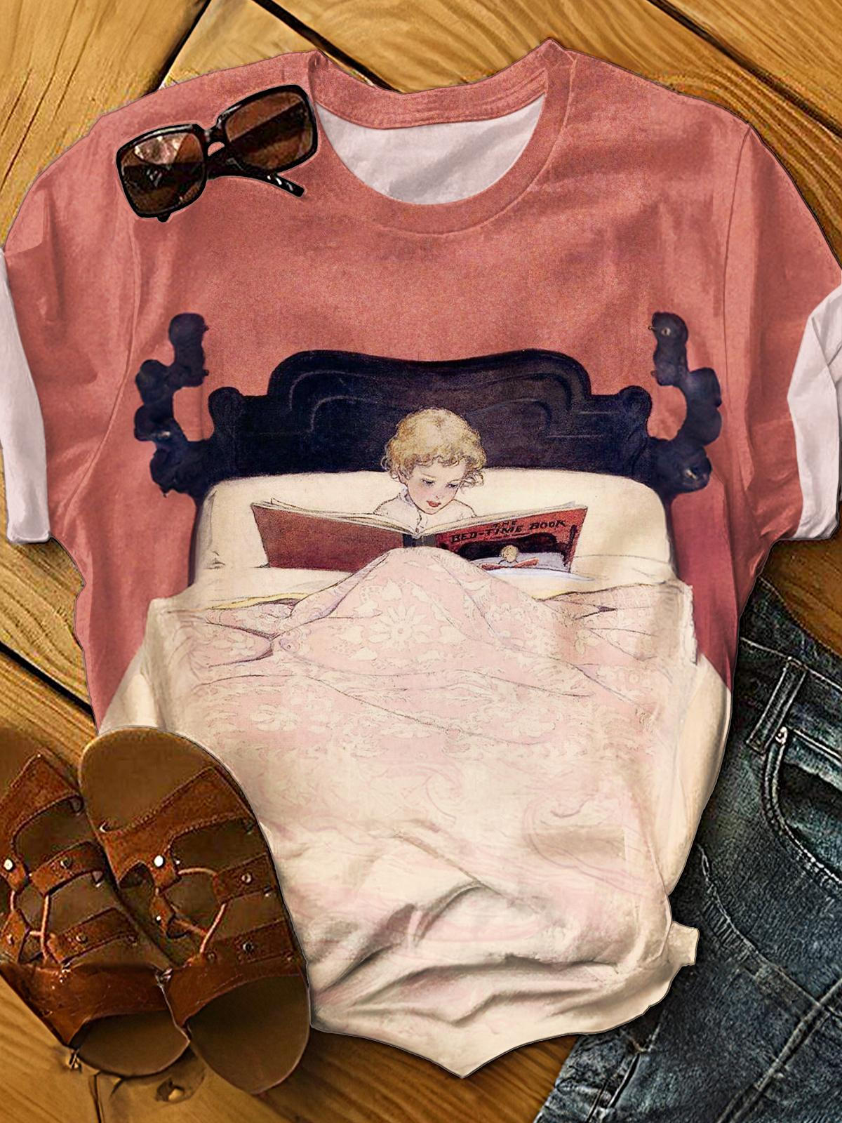 Retro Reading Little Girl Crew Neck T-shirt