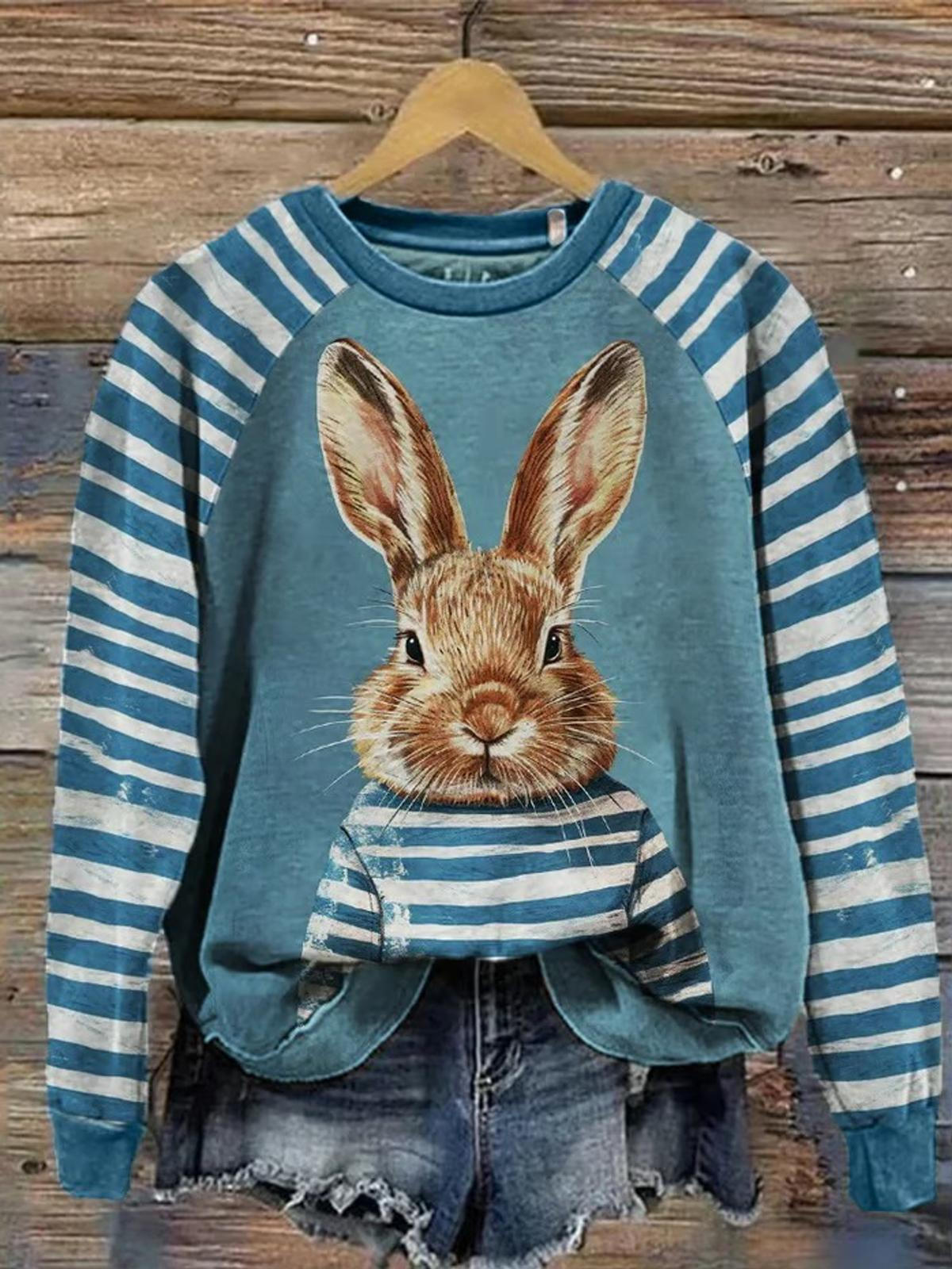 Easter Striped Bunny Print Printed Long Sleeve Casual Top