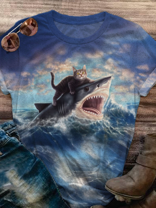 Women's Adventure Cat Shark Creative Print Casual T-shirt