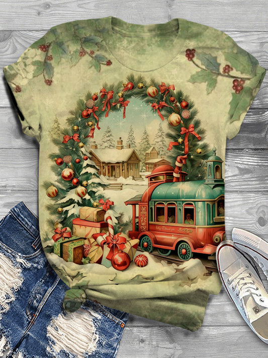 Vintage Train Christmas Print Crew Neck T-shirt