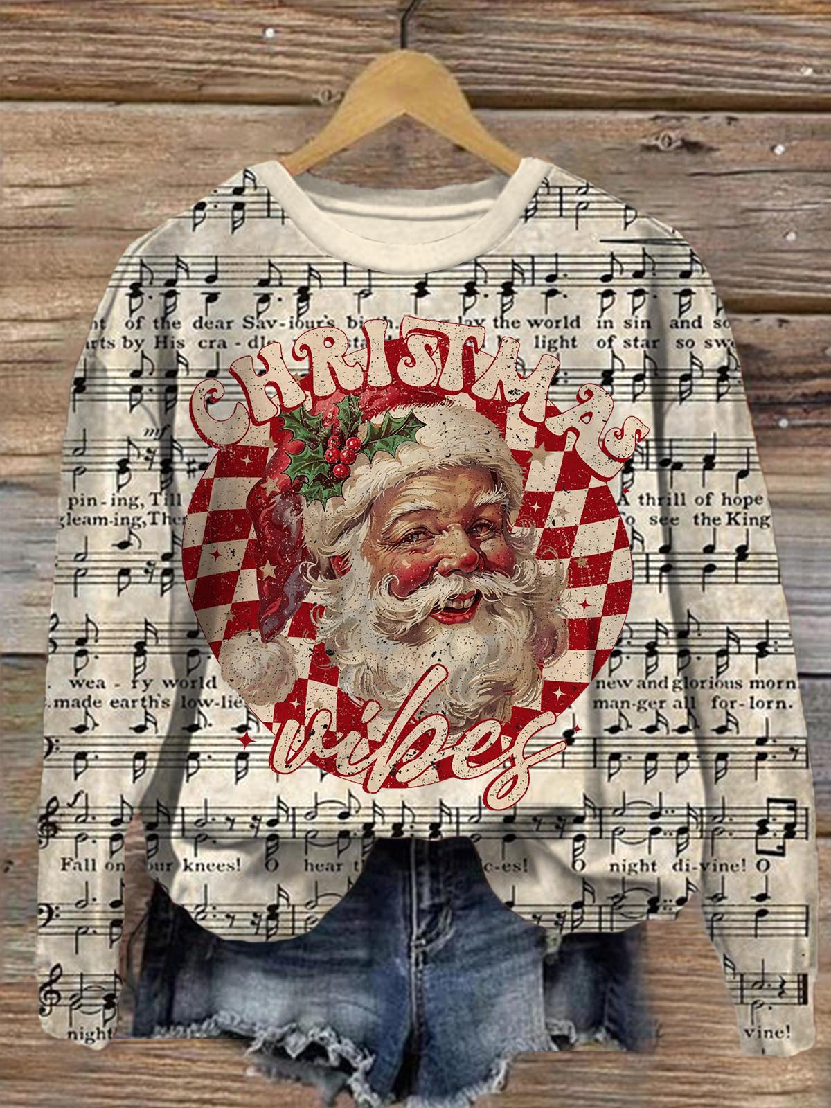 Vintage Father Christmas and Christmas Carols Printed Long Sleeve Casual Top