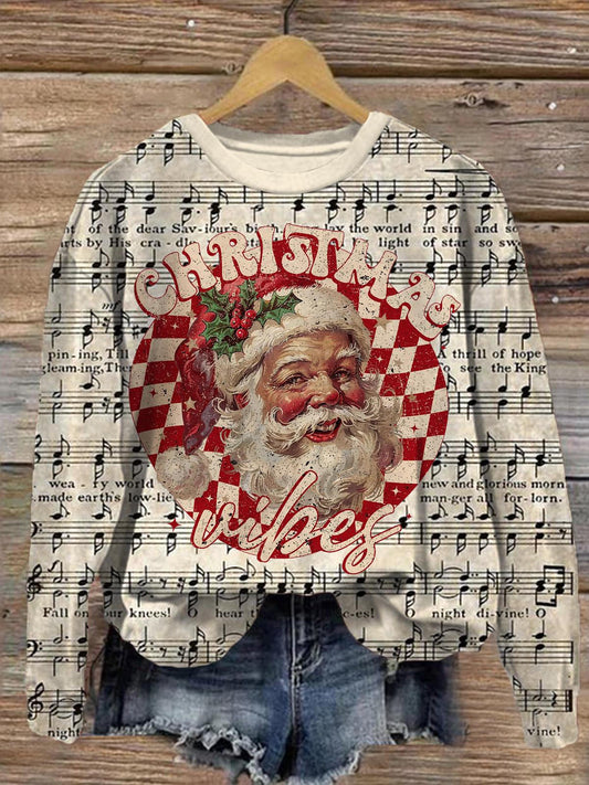 Vintage Father Christmas and Christmas Carols Printed Long Sleeve Casual Top