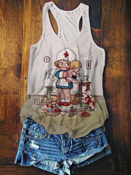 Women's Vintage Girls Nurse Cosplay Printed Casual Vest