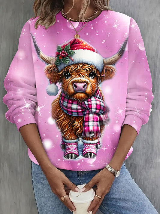 Pink Christmas Highland Cow Print Long Sleeve Casual Top