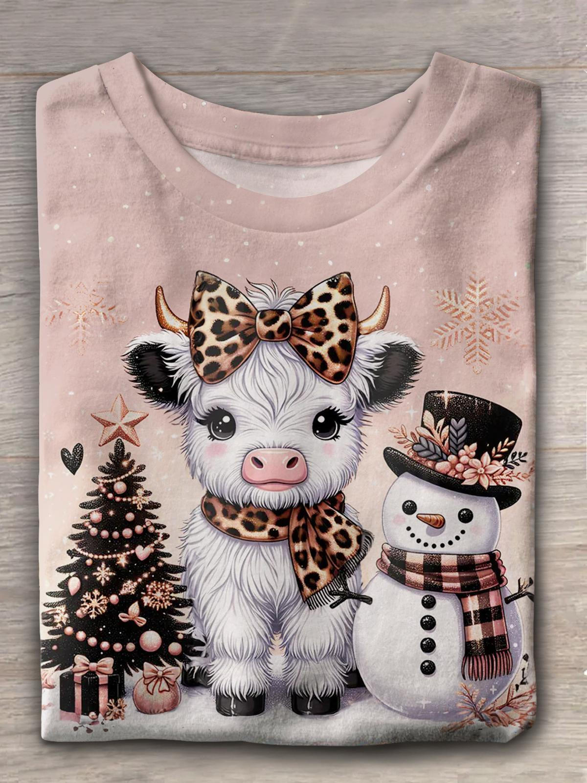 Christmas Highland Cow Snowman Crew Neck T-shirt