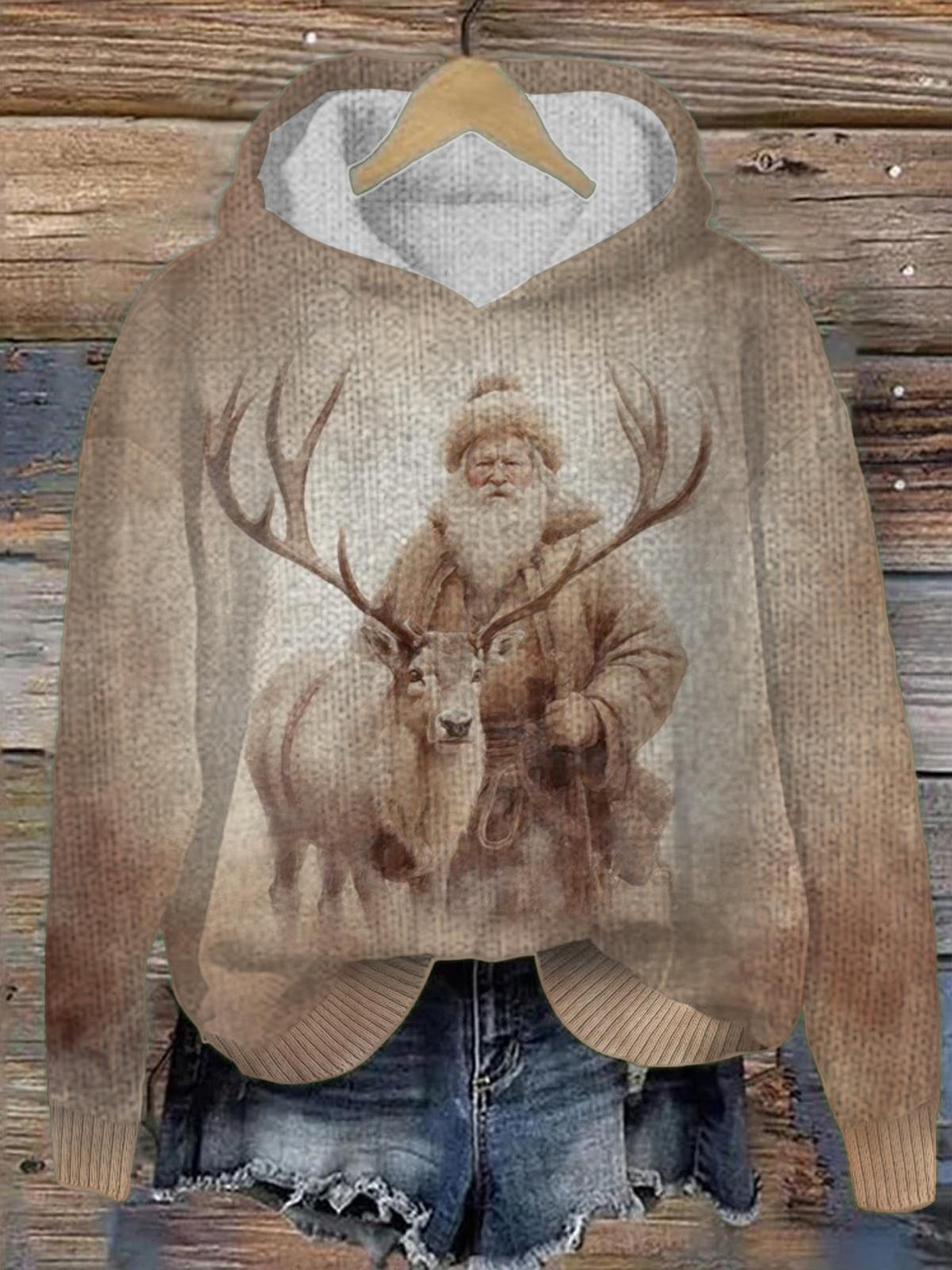 Women'S Vintage Deer Santa Claus Round Neck Drop Shoulder Sleeve Casual Sweater