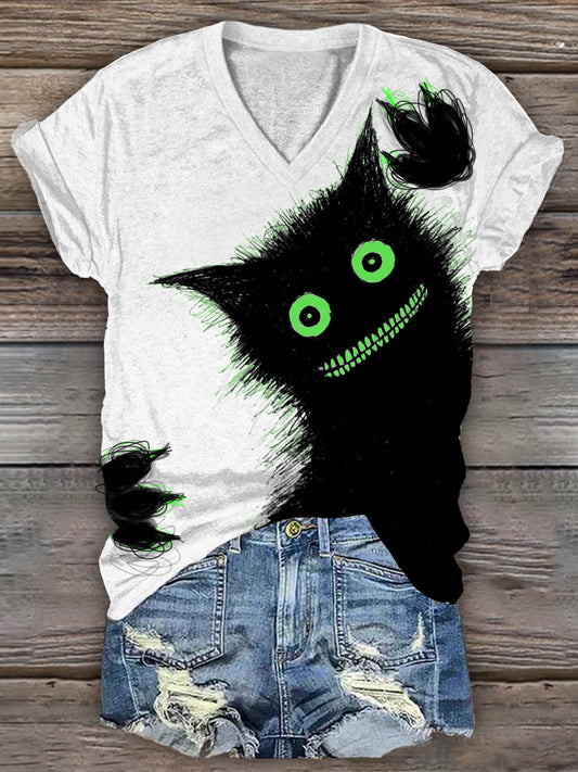 Women's Cat Monster Funny Print Short Sleeve T-shirt