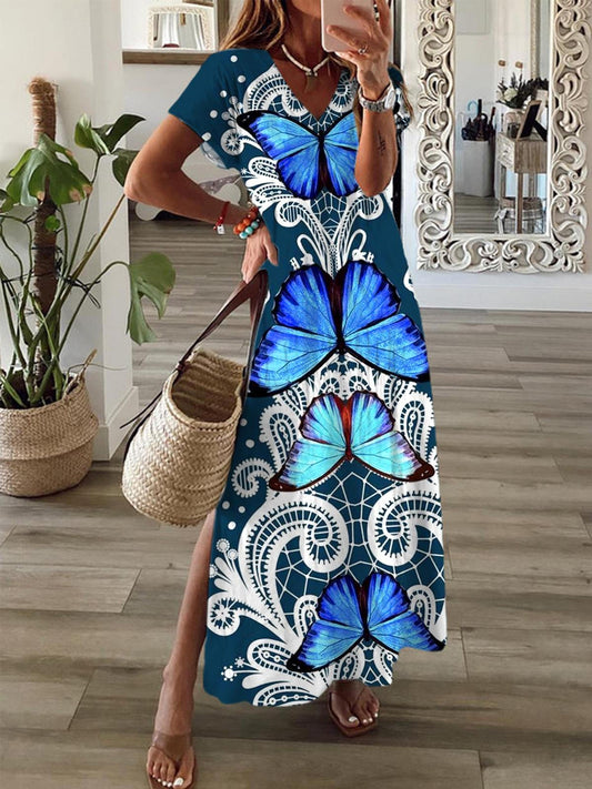 Butterfly Short Sleeve V Neck Maxi Dress