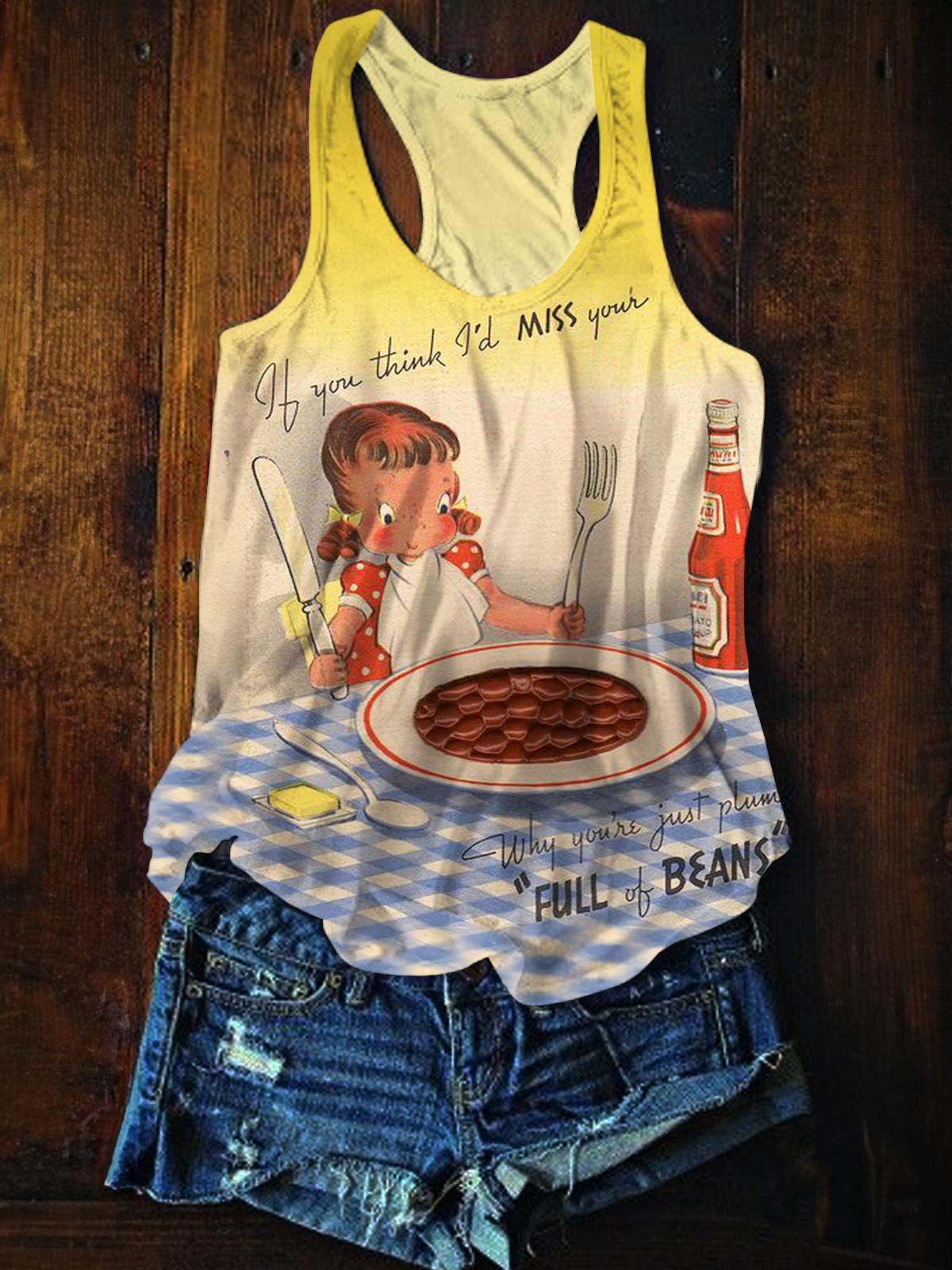 Vintage Full Of Beans Printed Casual Tank Top