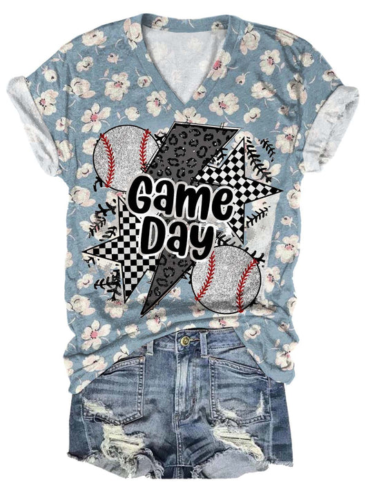 Game Day Fans Baseball Floral Summer Print T-Shirt