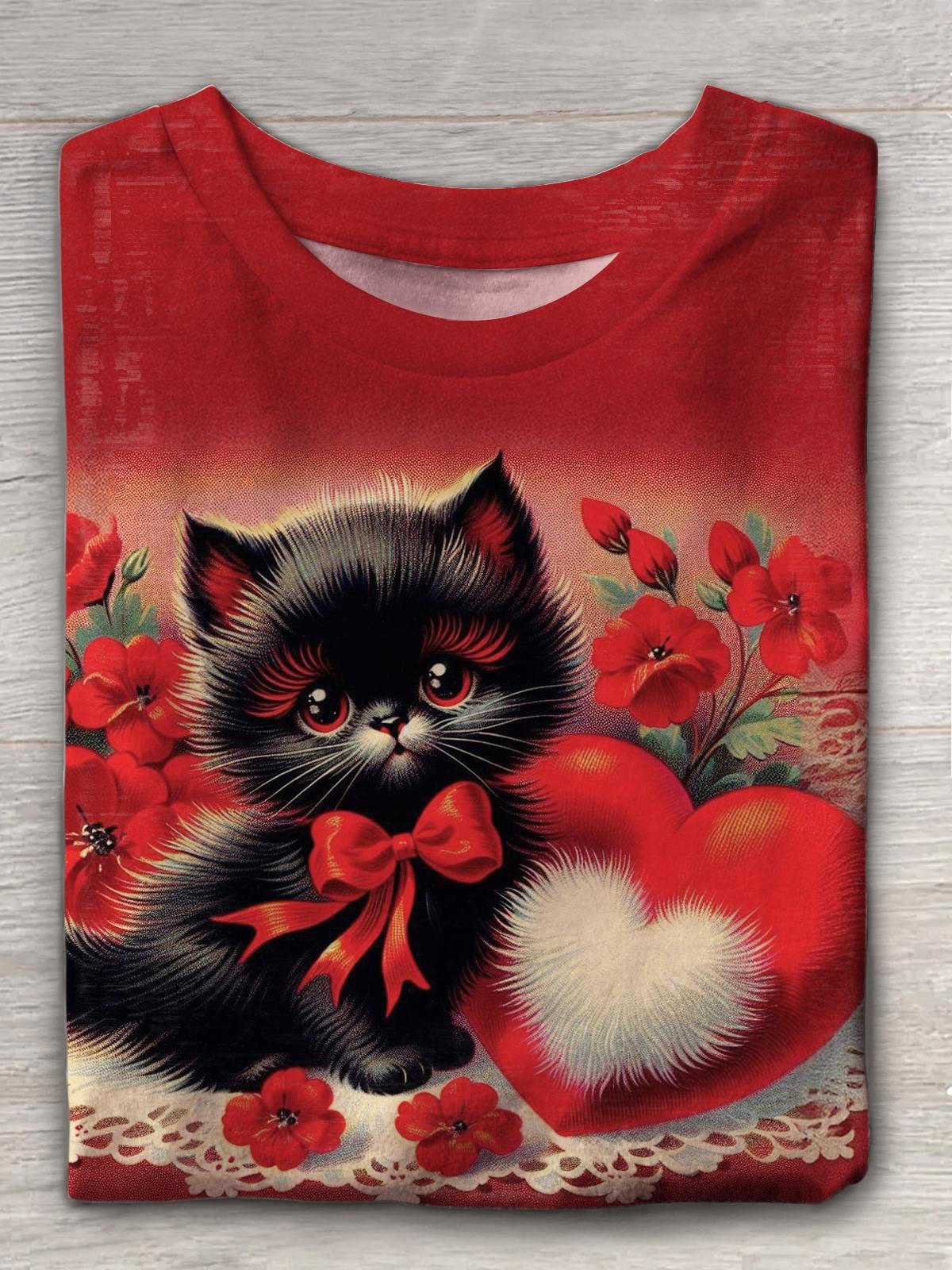 Women's Cute Kitten Valentine's Day Love Crew Neck T-shirt