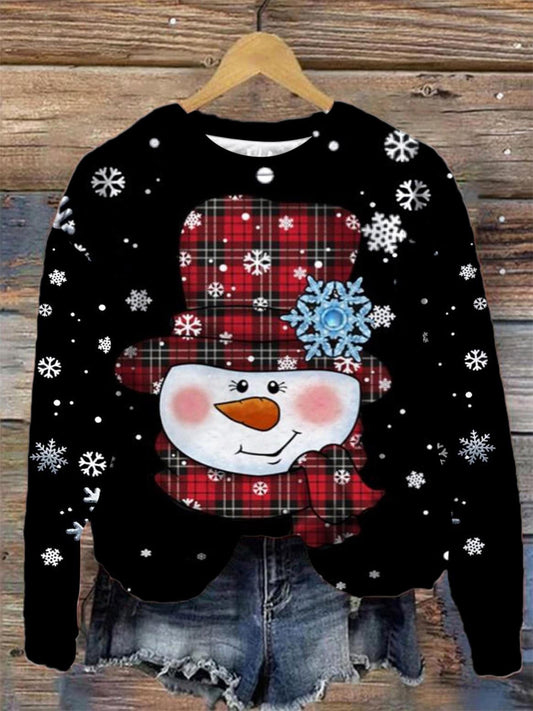 Women's Plaid Snowman Print Long Sleeve Top