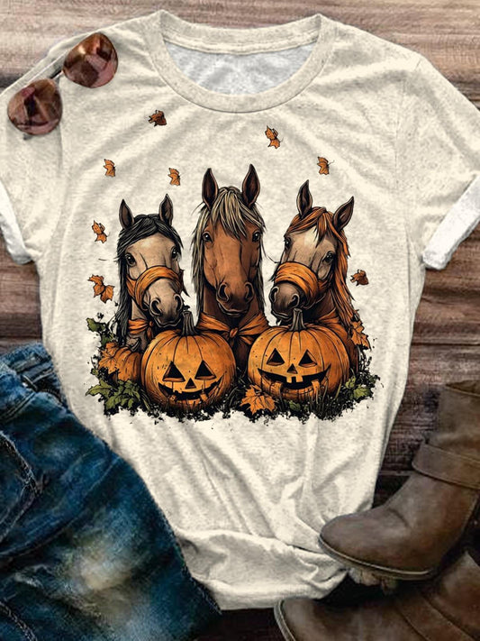 Spooky Horses Pumpkin Crew Neck T-shirt