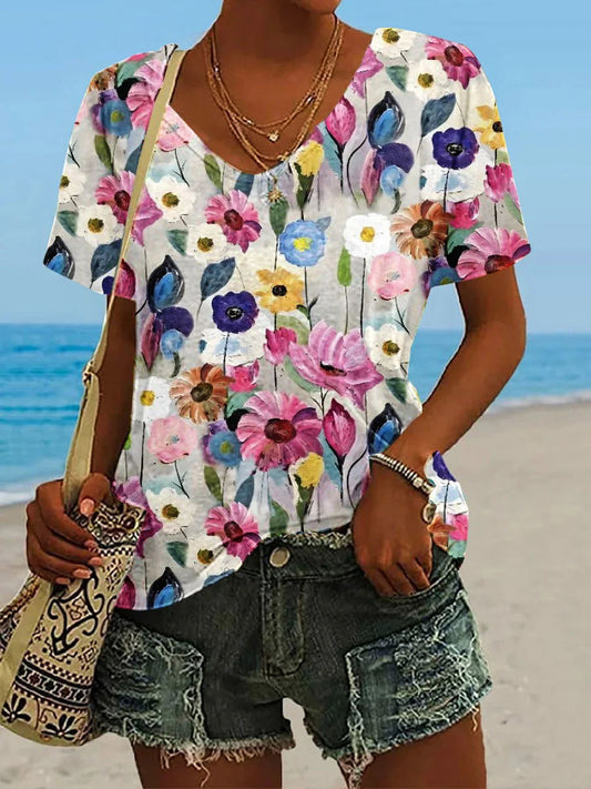 Oil Painting Floral Pattern V-neck T-Shirt