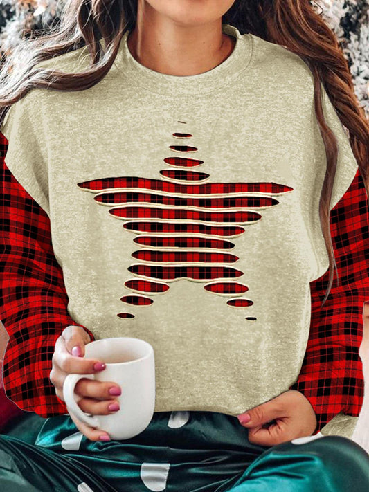 Women's Christmas Plaid Rip Printed Long Sleeve Casual Top