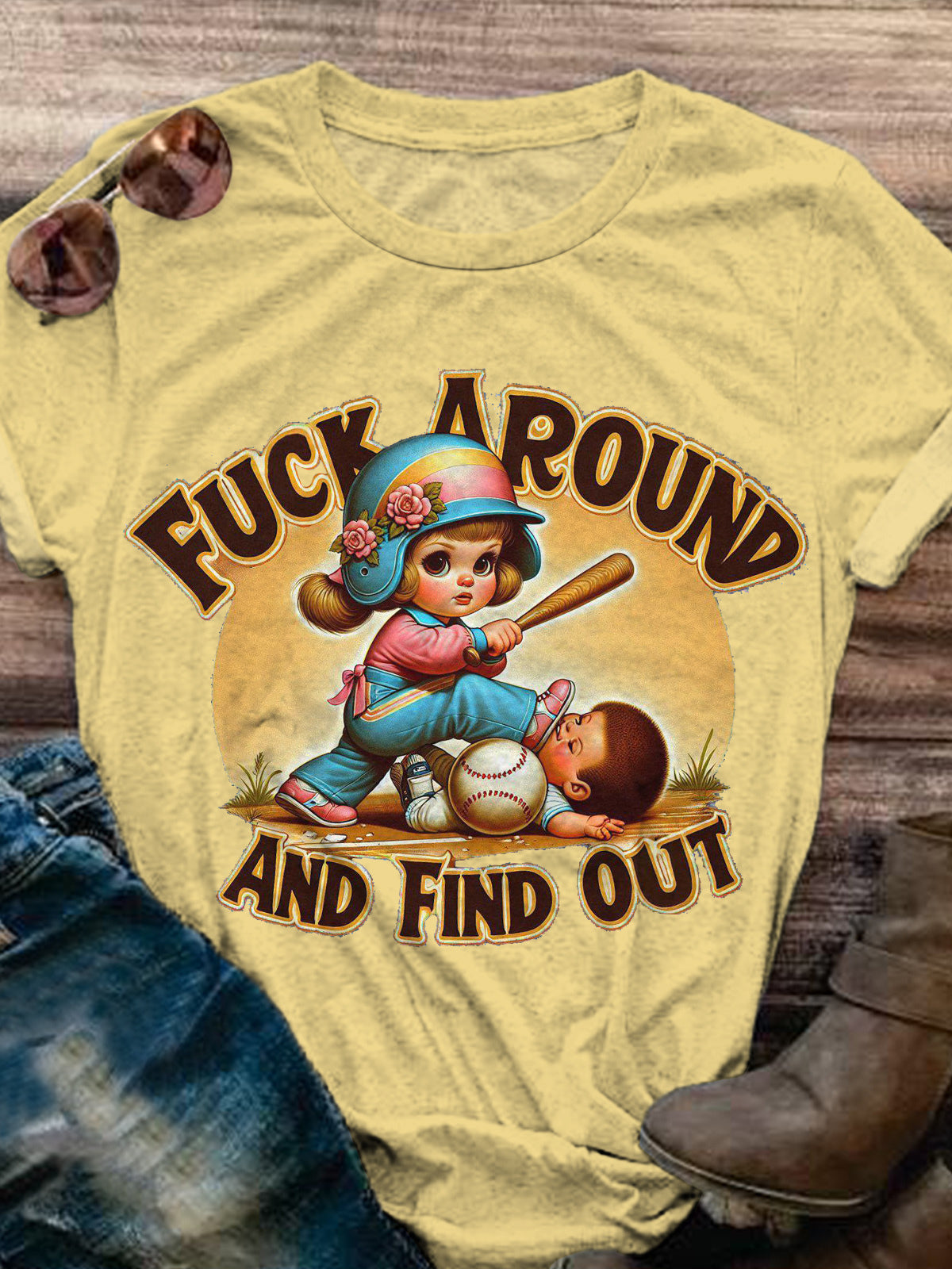 Fuck Around And Find Out Baseball Fun Print Casual T-shirt