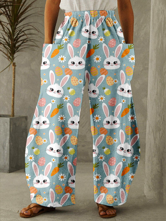 Easter Cute Bunny Flowers Print Casual Pants