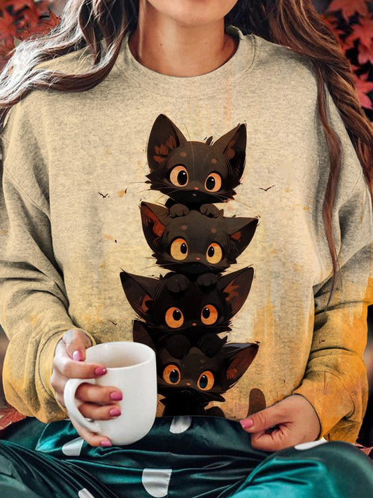 Women's Cute Cat Companion Round Neck Long Sleeve Top