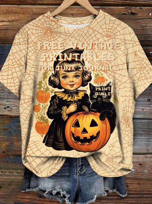 Women's Halloween Girls Vintage Printed Crew Neck T-Shirt