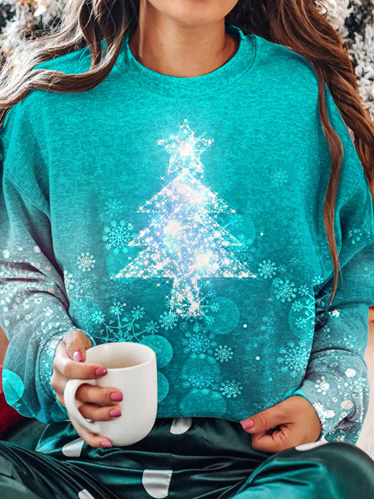 Women's Blue Christmas Tree Printed Long Sleeve Casual Top