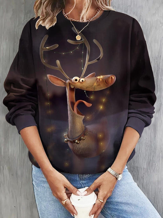 Christmas Lights Reindeer Print Long Sleeve Casual Top