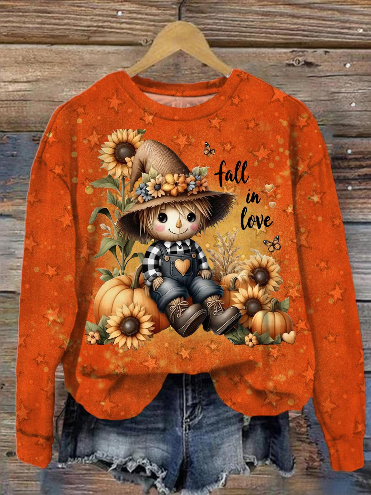 Fall In Love Scarecrow Vintage Floral Print Long Sleeve Top