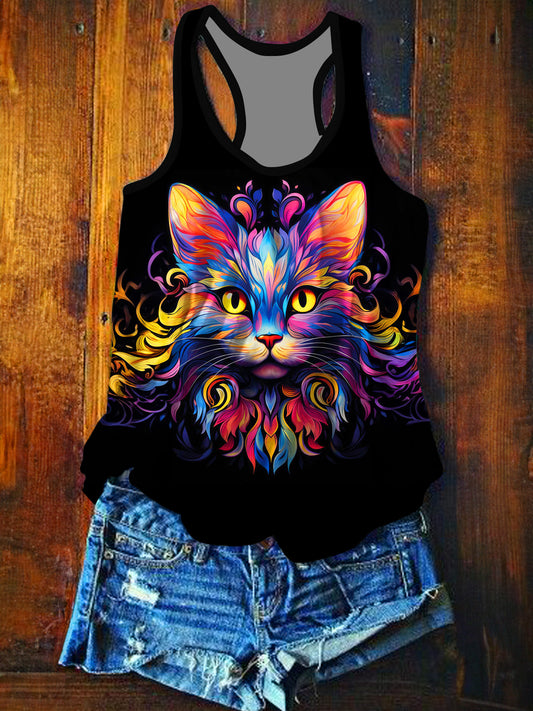 Color Cat Printed Casual Tank Top