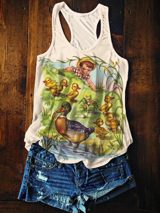 Vintage Duck Mom And Kids Printed Casual Tank Top