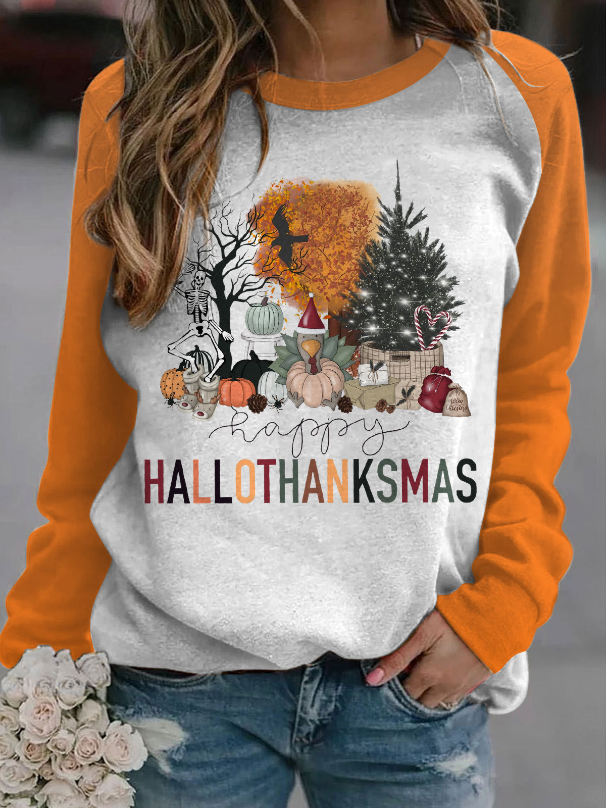 Happy Hallo Thanksmas Raglan Sleeve Casual Top