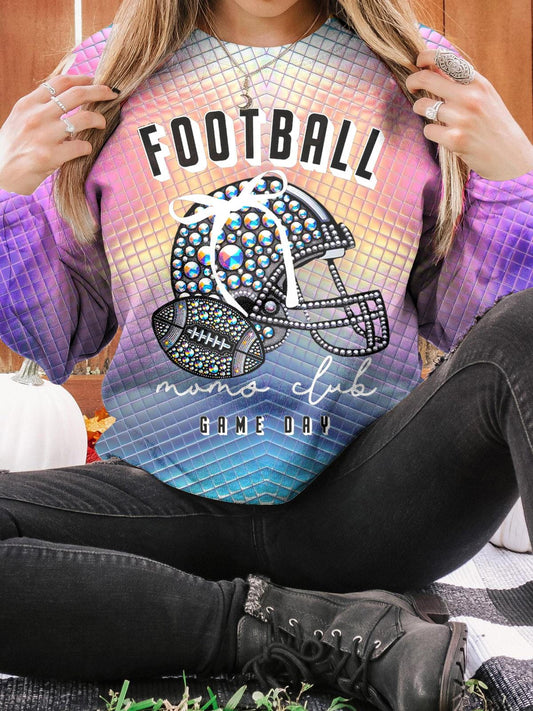 Women's Match Day Football Rhinestone Print Round Neck Long Sleeve Top