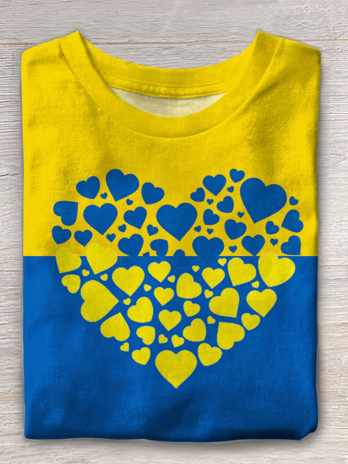 Blue And Yellow Love Print Crew Neck T-shirt