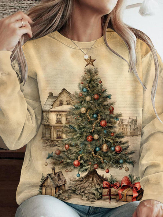 Women's Vintage Christmas Tree Gifts Crew Neck Casual Sweatshirt