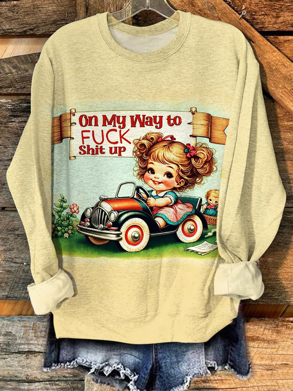 Vintage Girls Print Round Neck Long Sleeve Top